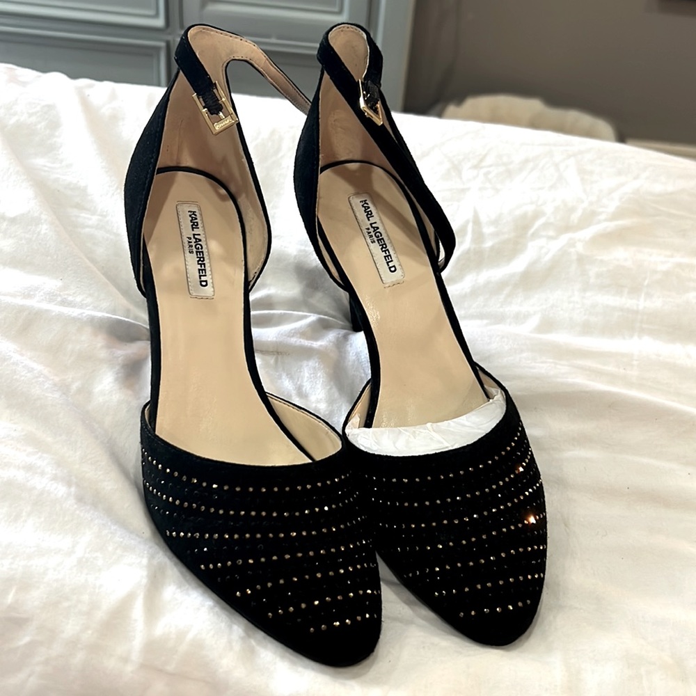 Karl Lagerfeld Janelle Black Suede/Leather Rhinestone Stiletto - Brand New